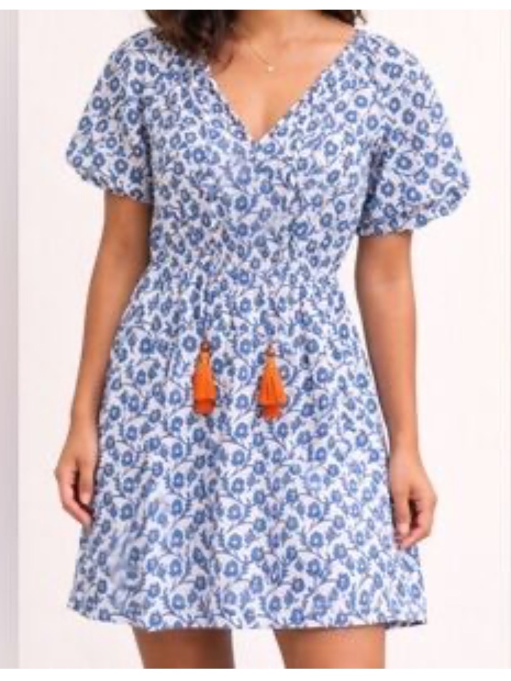 THML Peasant Cottage Boho Blue/White Puff SLV Floral w/ Orange Tassels Dress M